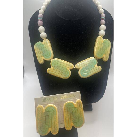 Vintage Artisan Genuine Ceramic Set Deco Style Necklace & Matching Earrings - Picture 1 of 9